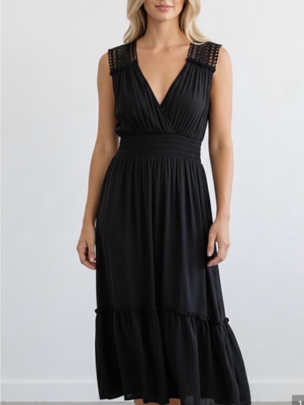 Ramy Brook Charcoal Black Sleeveless V-Neck Crochet Lace  Midi Dress Size Medium